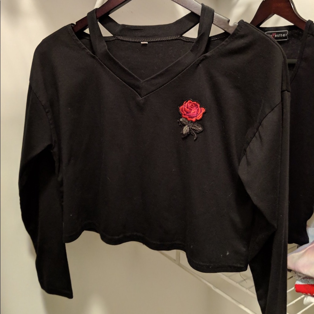 black long sleeve, short black top, rose patch, XS